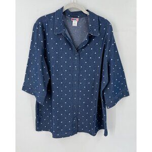 Vintage American Sweatheart Womens Button Up Shirt Polka Dot Size Large Blue